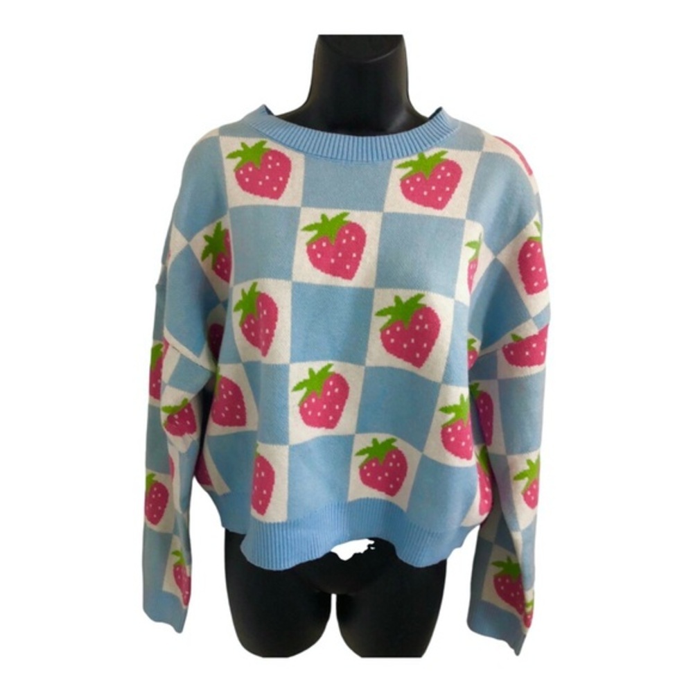 Blue White Strawberry Checkered Pattern Crew Neck… - image 2